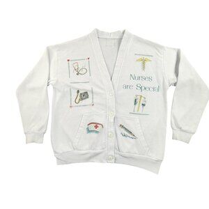 Vintage Nurses Are Special Cardigan Sweater Womens Large White Fleece USA Made